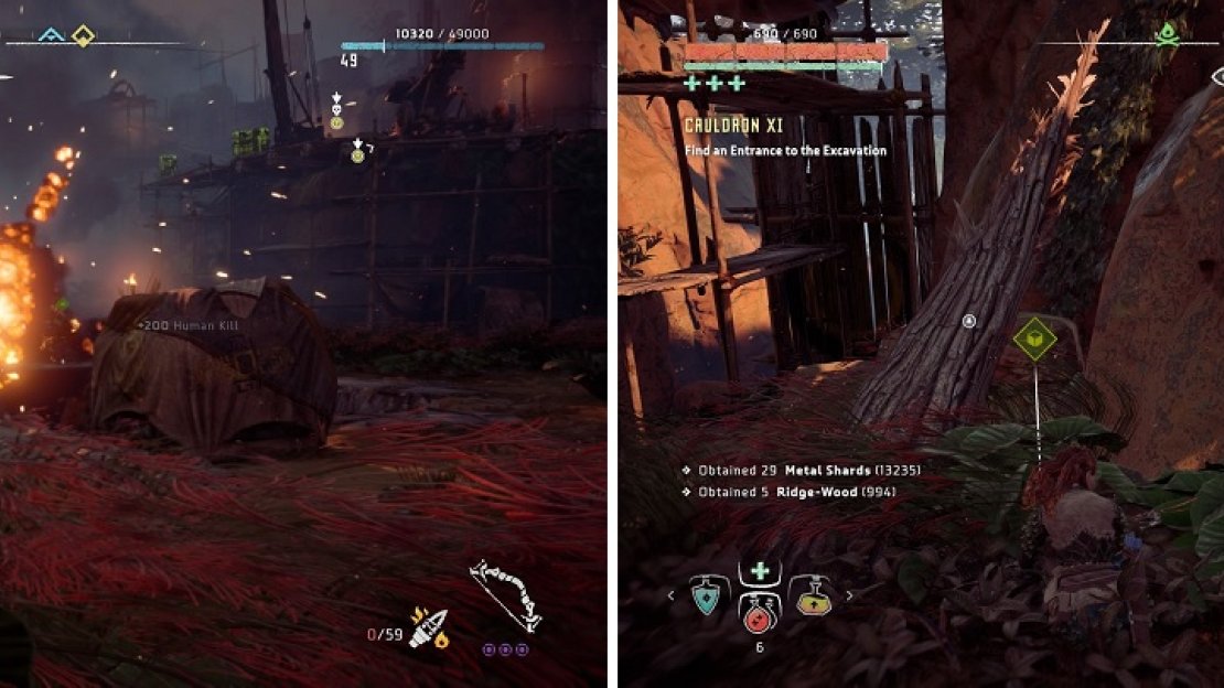 Use the blaze containers outside to thin the cultists’ numbers (left). You need a key from one of their corpses to enter the Cauldron (right).