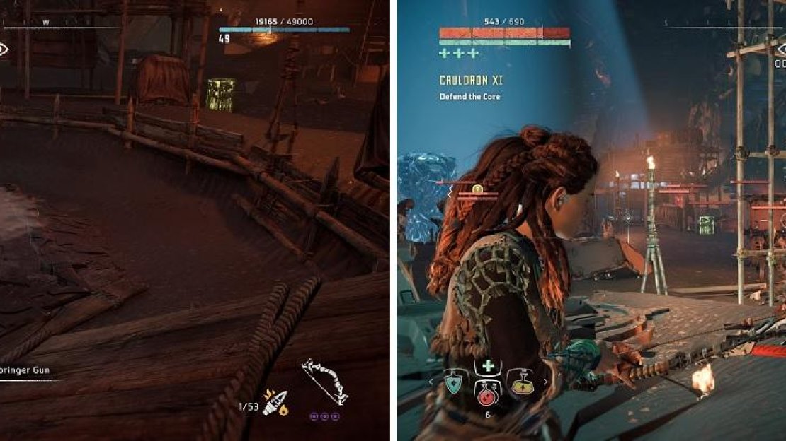 The Deathbringer Gun will help you when the cultists attack the Core (left). Be on the lookout for the machines when they join the fray (right).