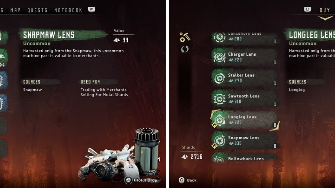 You might already have some Lens on you (left). If you have the extra shards, you can purchase both Lens in Meridian (right).