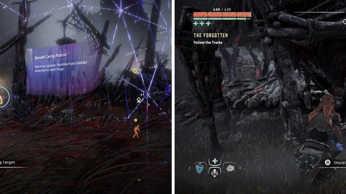All bandit camps have an alarm that can be shot to disable it (left). They also feature prisoners that can be set free (right).