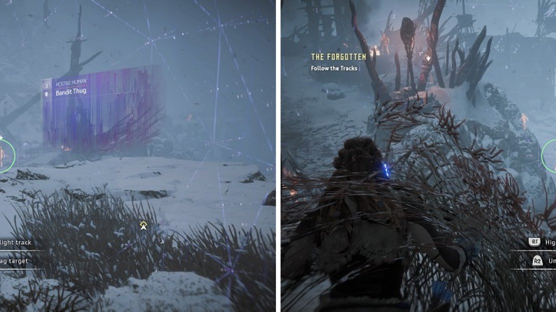 Keep to the top at Two-Teeth to gain a height advantage (left). Be careful of the elite here, as he carries a powerful weapon (right).