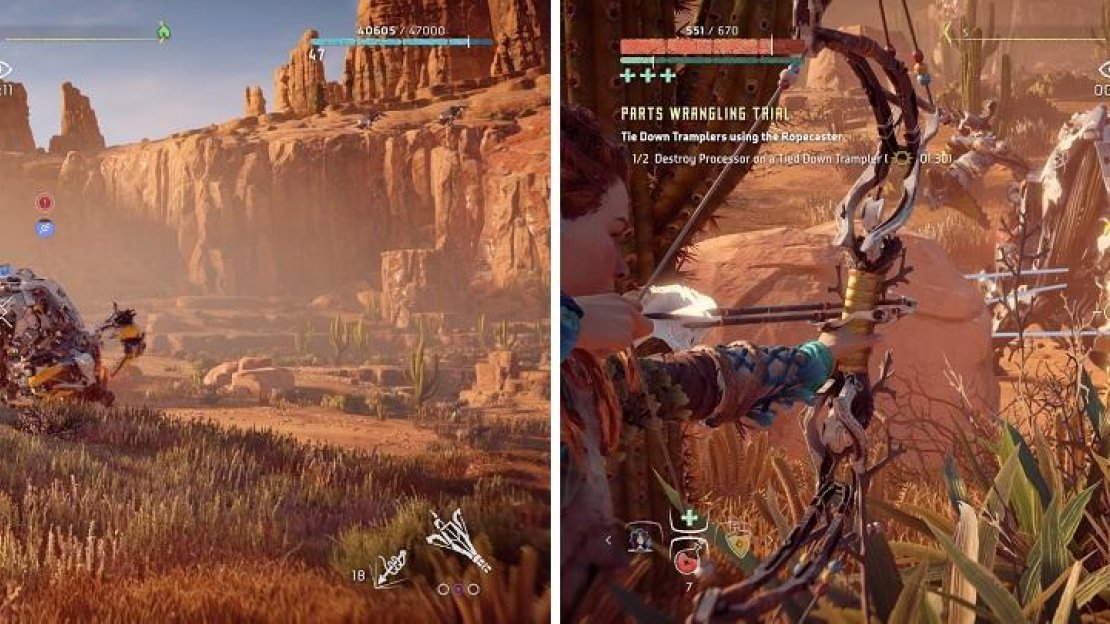 The Shadow Ropecaster is very useful for these trials (left). Use a double shot precision arrow on the processing units (right).