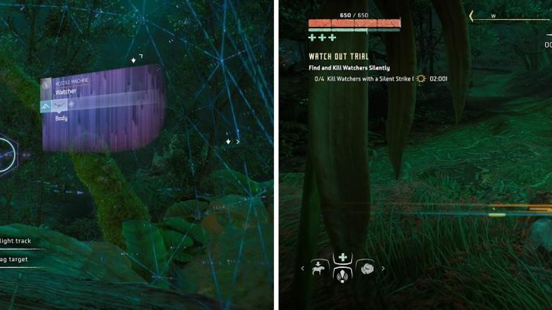 You can use your Focus by the keeper without starting the time (left). Keep to the tall grass to avoid getting seen by the machines (right).
