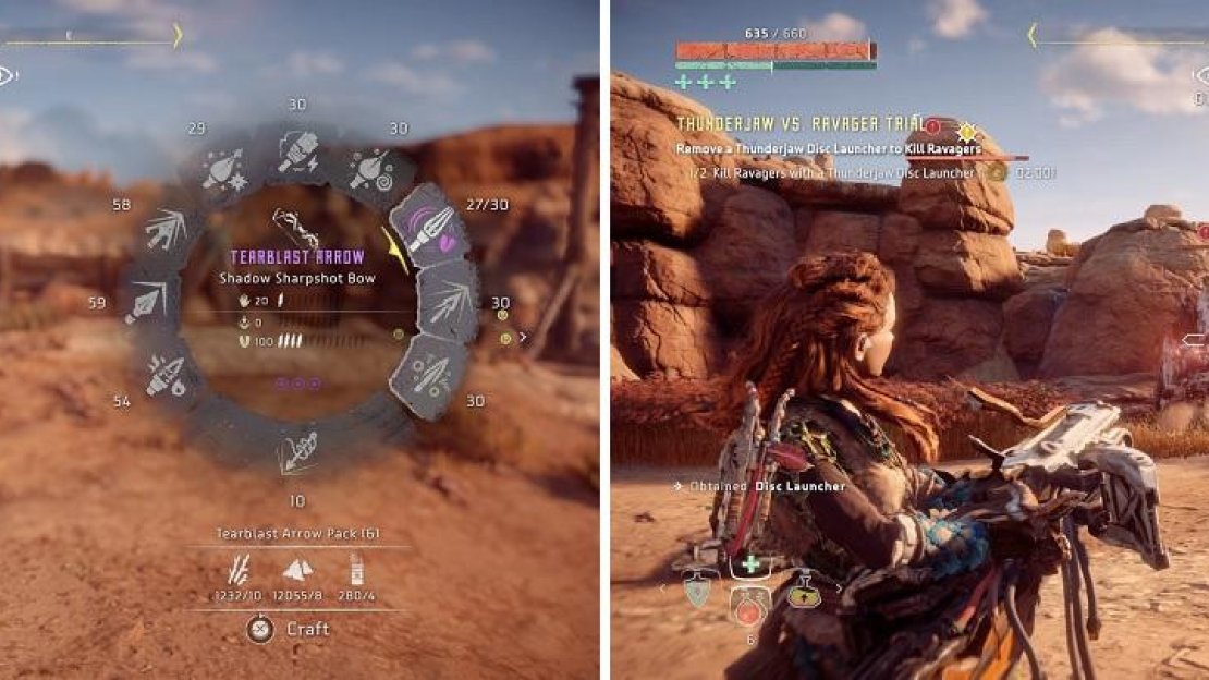 Tearblast Arrows are essential to complete the trials here in time (left). Go straight after the Ravagers once you get a disc launcher (right).