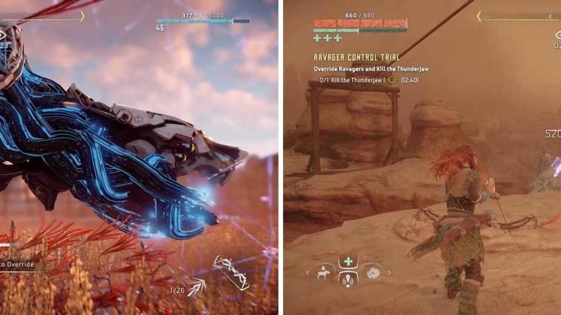 Quickly, but silently, override the two Ravagers (left). Freezing the Thunderjaw will make it go down quicker (right).