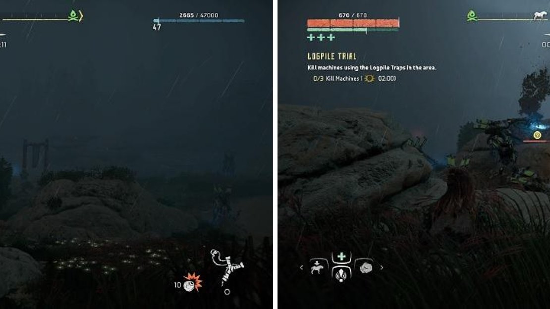 Use the Blast Sling to send the Grazers down a specific path (left). When they have stopped moving, shoot one of the log piles (right).