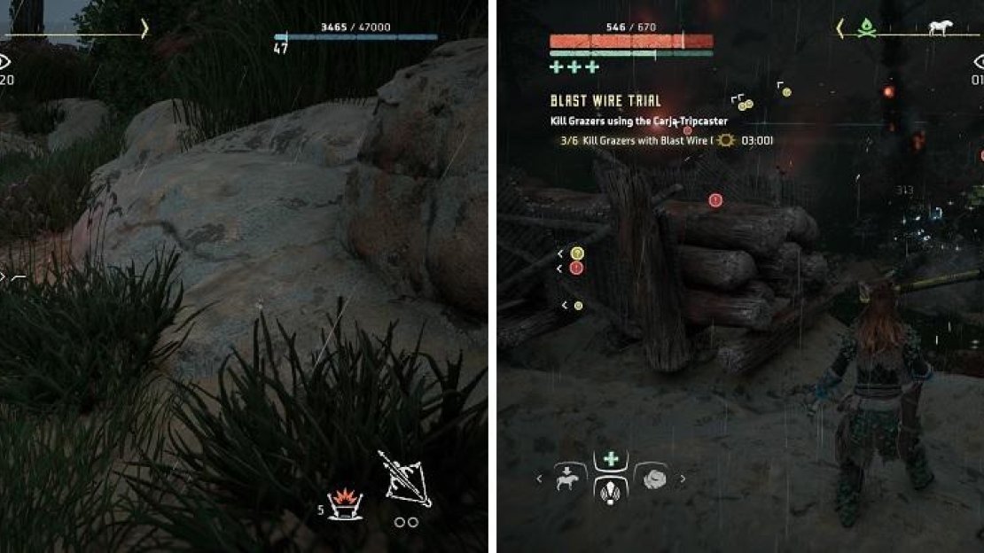 You need to place your Blast Wires down first (left) before you try and lure the Grazers over to them (right).