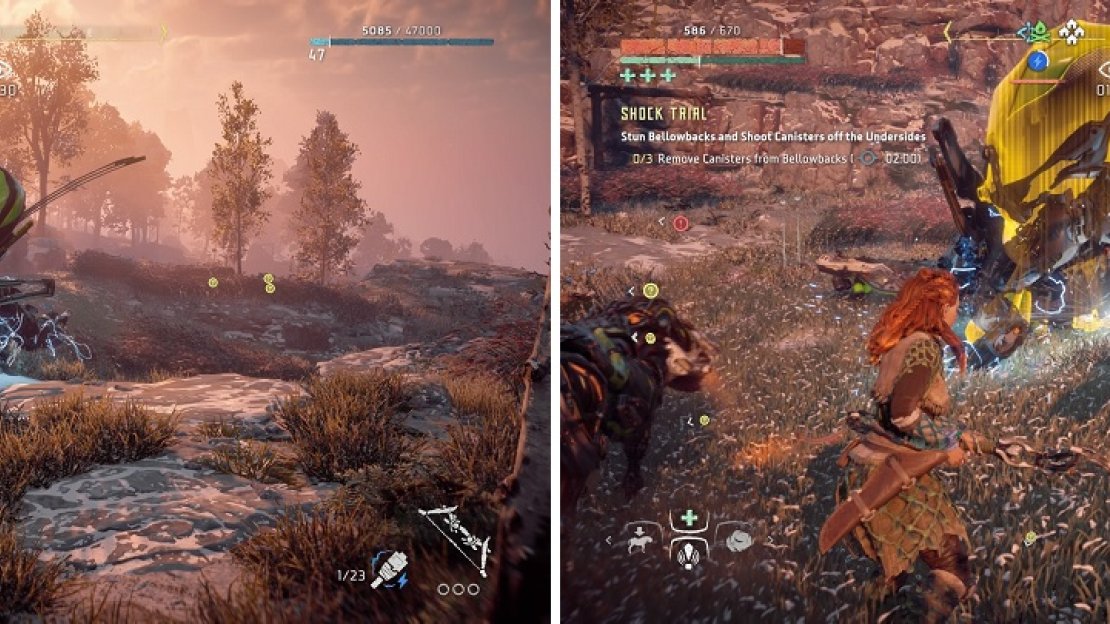 Shock Arrows are very effective against the Bellowbacks (left). The canisters you need to dislodge are on the bottom (right).
