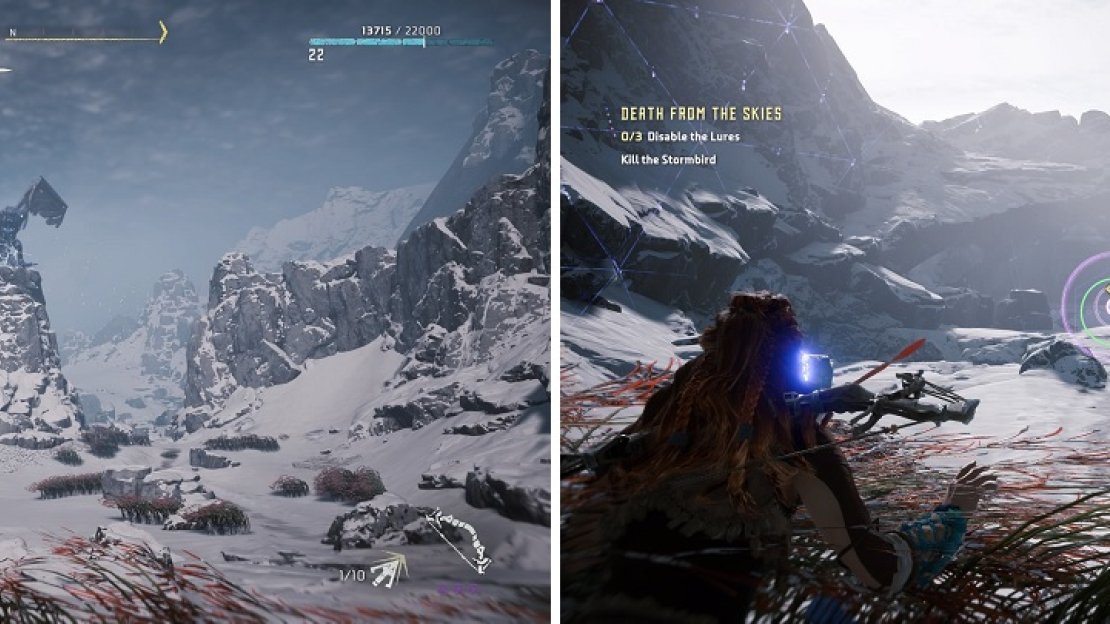 The Stormbird blocks your way to the workshop (left). Disabling the lures will make the Stormbird go away (right).