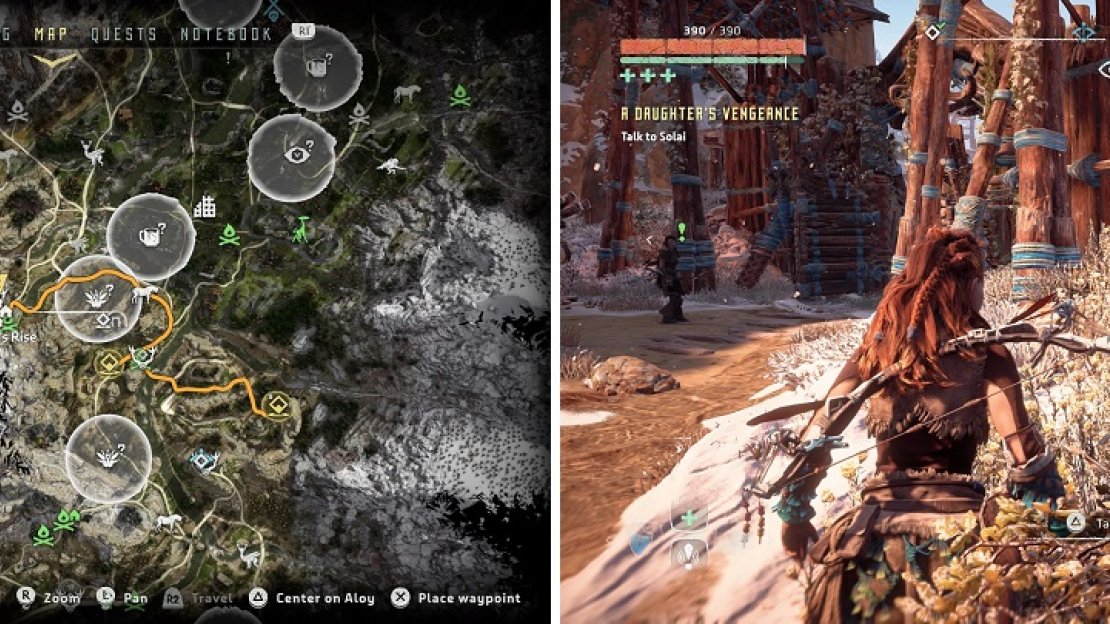 The location of Solai, both on the map (left) and in-game (right).