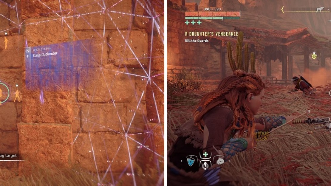 Tag the enemies from outside of the wall (left). Use the tall grass to sneak around and kill the enemies (right).