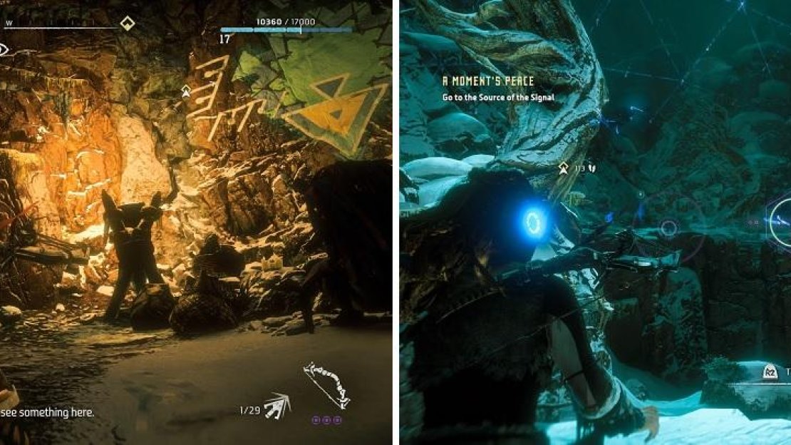 To the left of the Banuk markings are some handholds to climb (left). Don’t worry about the machines here, as they are friendly and won’t attack you (right).