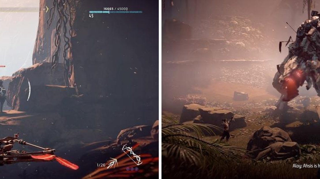 Help Talanah by killing her attackers (left). Not long after that, it’s a battle against the legendary machine itself (right).