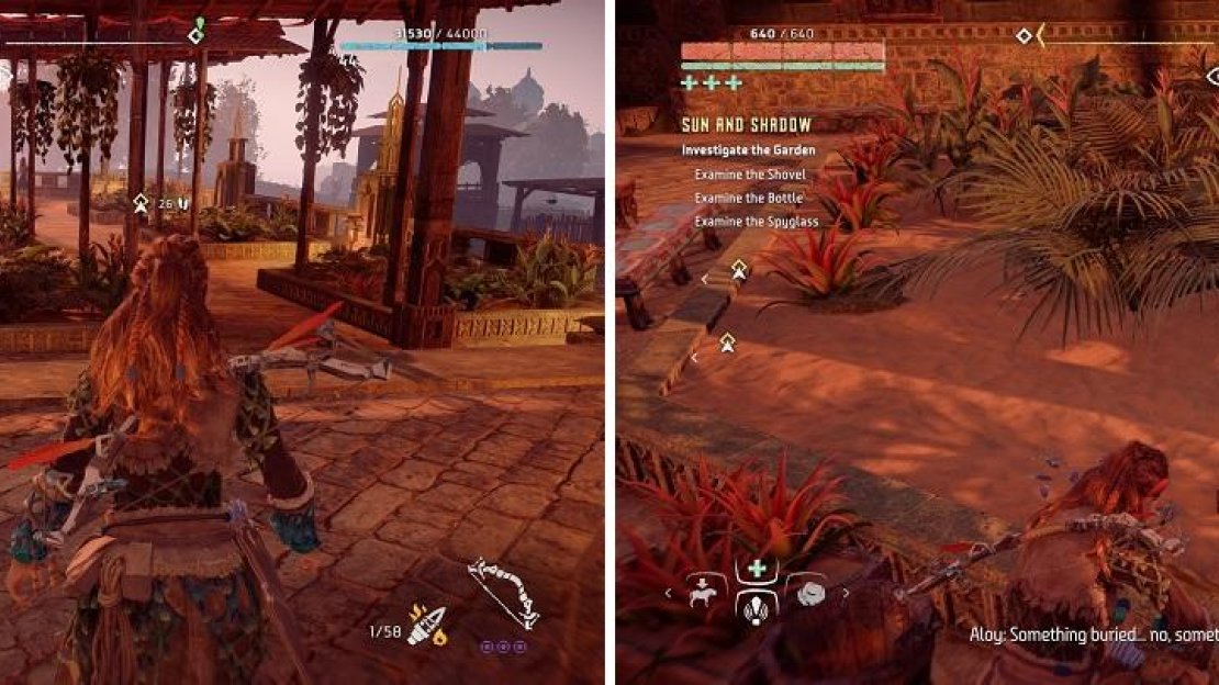 You’ll have to inspect some items in the garden (left), but examining the shovel will push the quest forward (right).