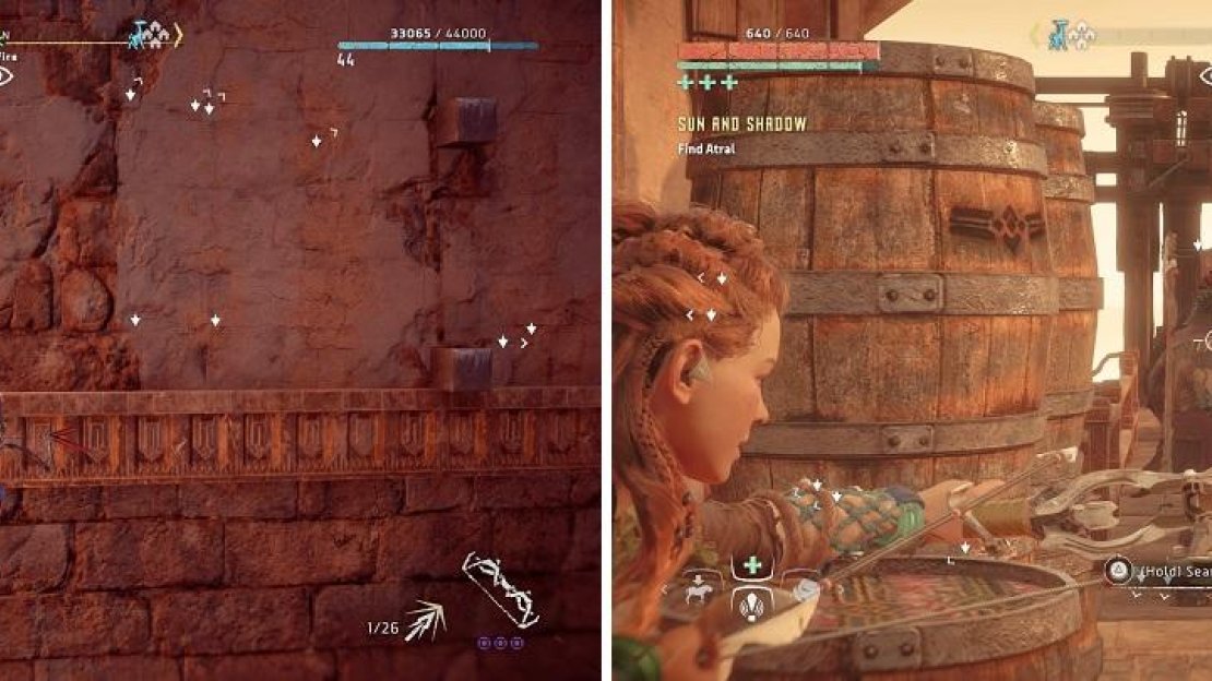 You can climb up the back wall of the little fort (left), but be mindful of the patrolling guard up top (right).