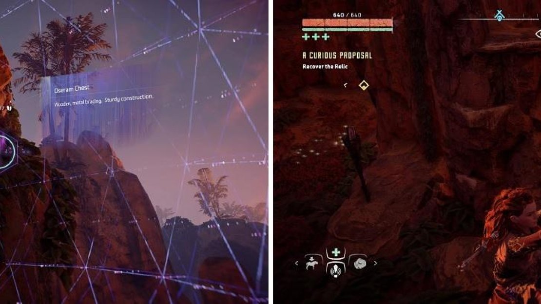 The chest you need is up on a ledge (left), meaning you’ll have to climb to reach it (right).