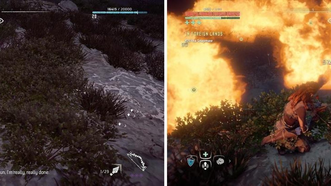Lakhir is hiding on the island with the Snapmaws (left). Hitting the Blaze Canister with a fire arrow will cause it to explode after a few seconds (right).