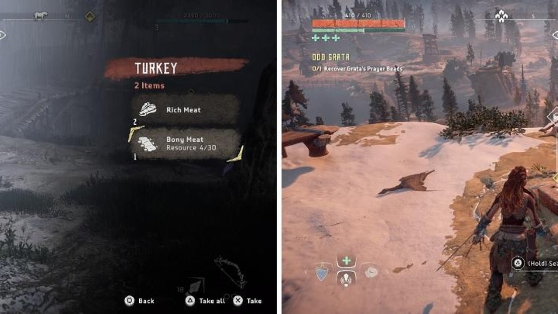 Any kind of meat will satisfy Grata (left). The prayer beads are located in the supply crate on the overlook (right).