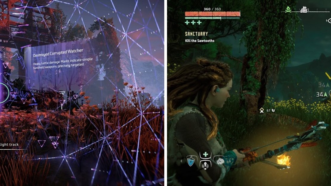 Examine the Watcher corpse to get a new trail (left). Fire arrows work extremely well on the Sawtooths (right).