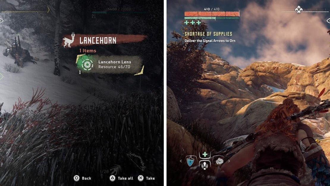 There are some Lancehorns nearby for you to grab a Lens (left). The watchtower is high on a hill, so you’ll have to climb to reach it (right).