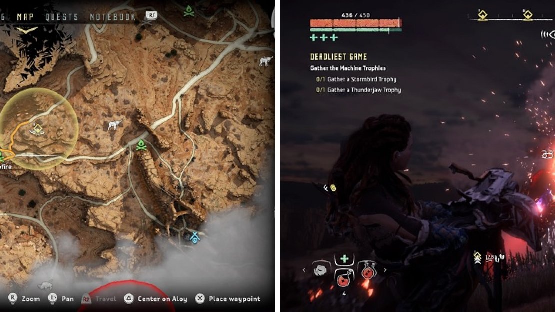 A good location to hunt the Thunderjaw on the map (left). Use its own disc launcher against it to do major damage (right).