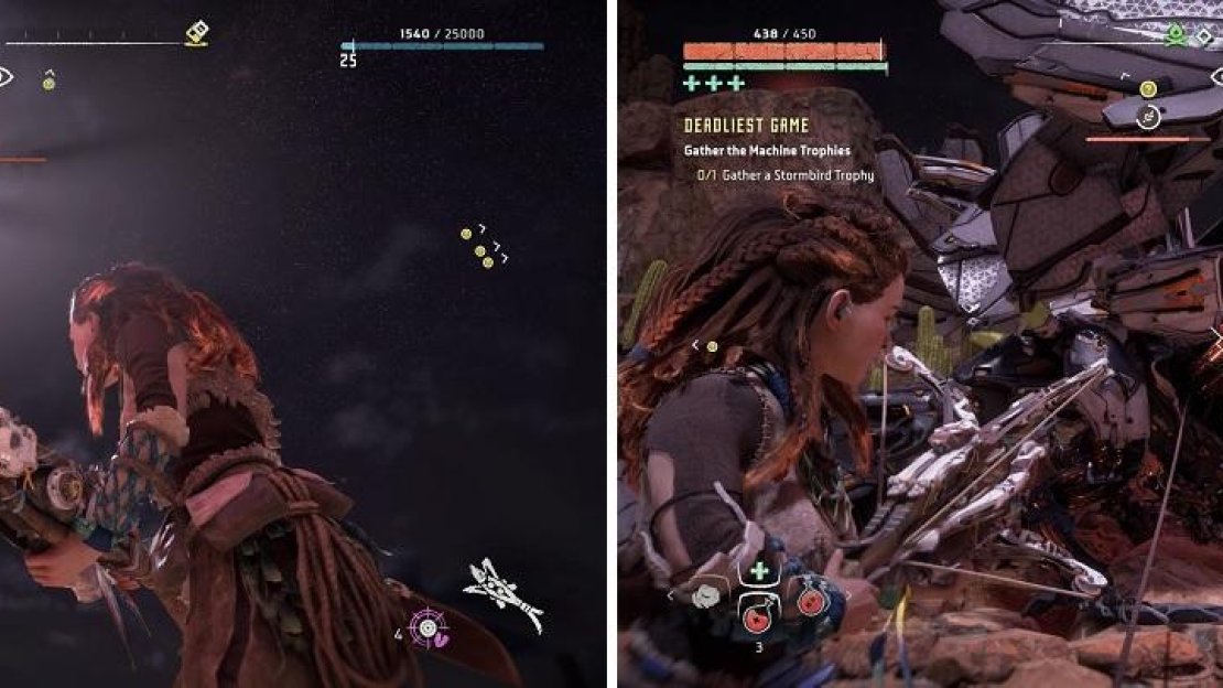 When the Stormbird flies high into the sky, it’s going to do its divebomb attack (left). Use the Ropecaster to keep the Stormbird grounded (right).