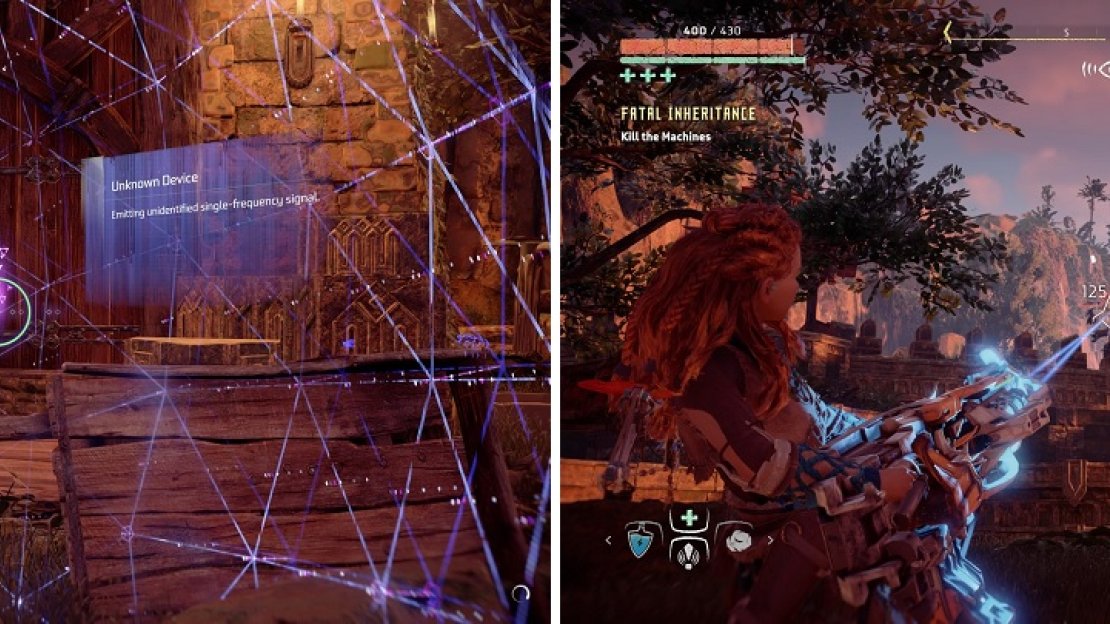 The unknown device is inside of the workshop (left). If you knocked off the Ravager’s cannon, use that to kill the Glinthawks (right).