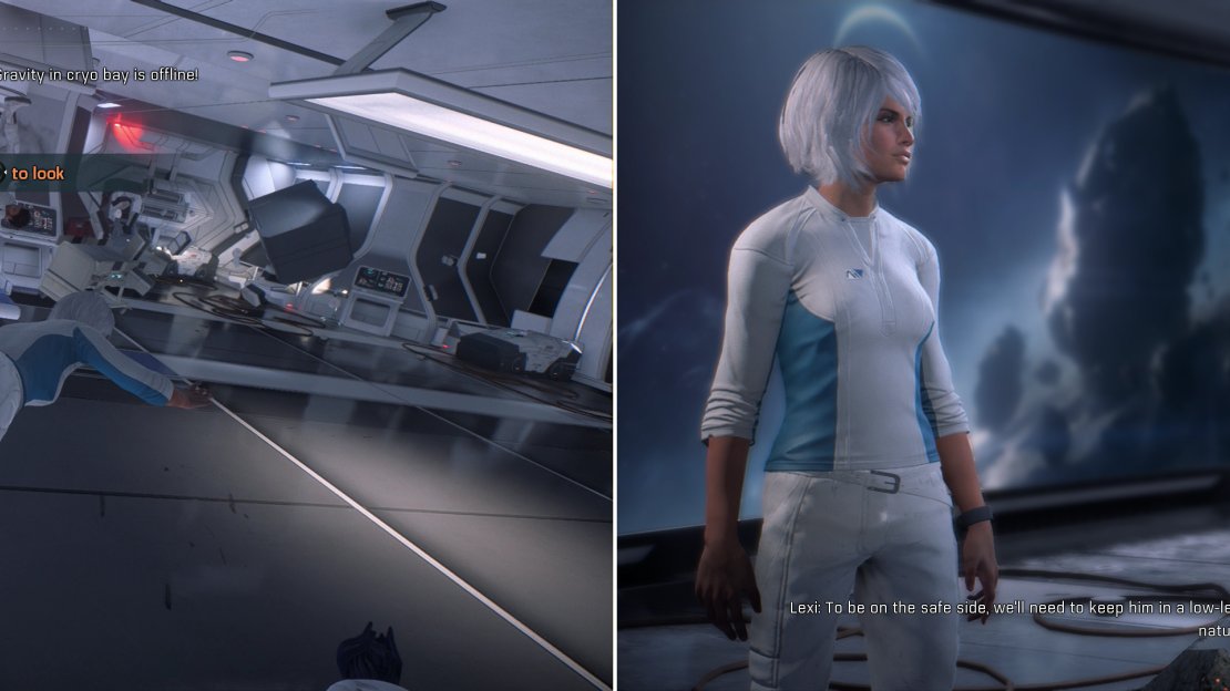 An inconvenient gravity failure will give you the chance to test out some controls (left). After the gravity malfunction, check on your sibling (right).