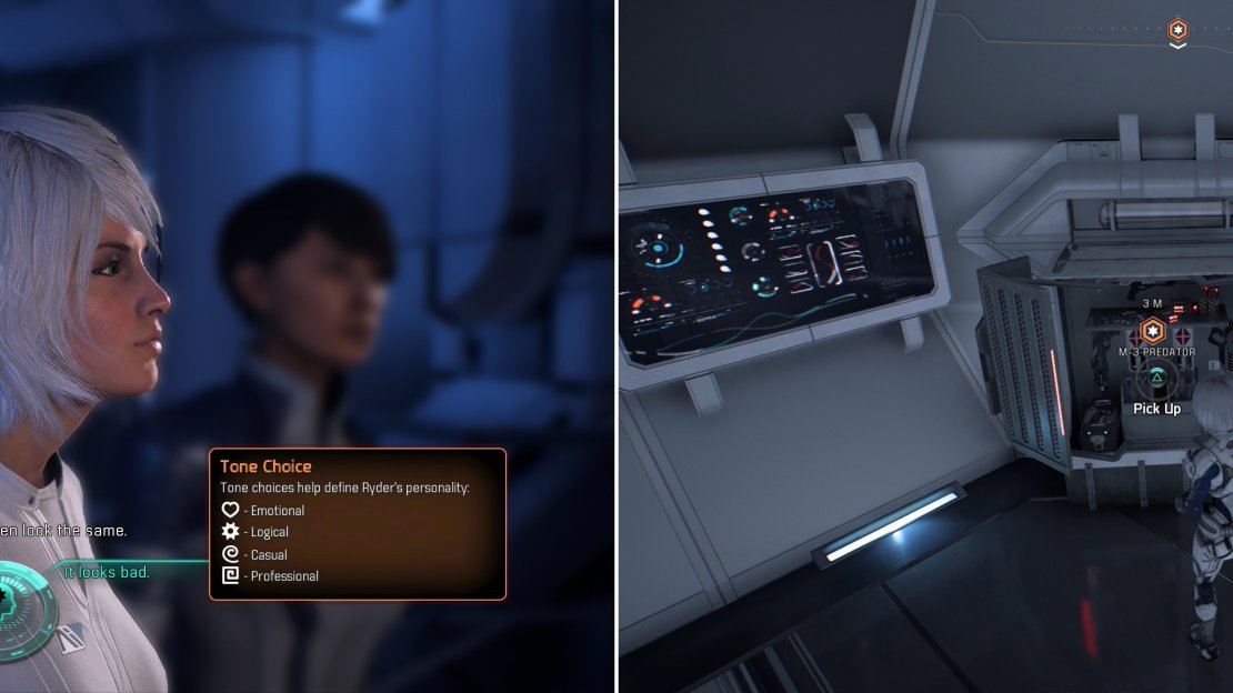 Dialogue choices rarely get you different results, but you can note the icons next to them, which indicate Ryder’s tone (left). Be sure to arm yourself appropriately before embarking on your first adventure (right).