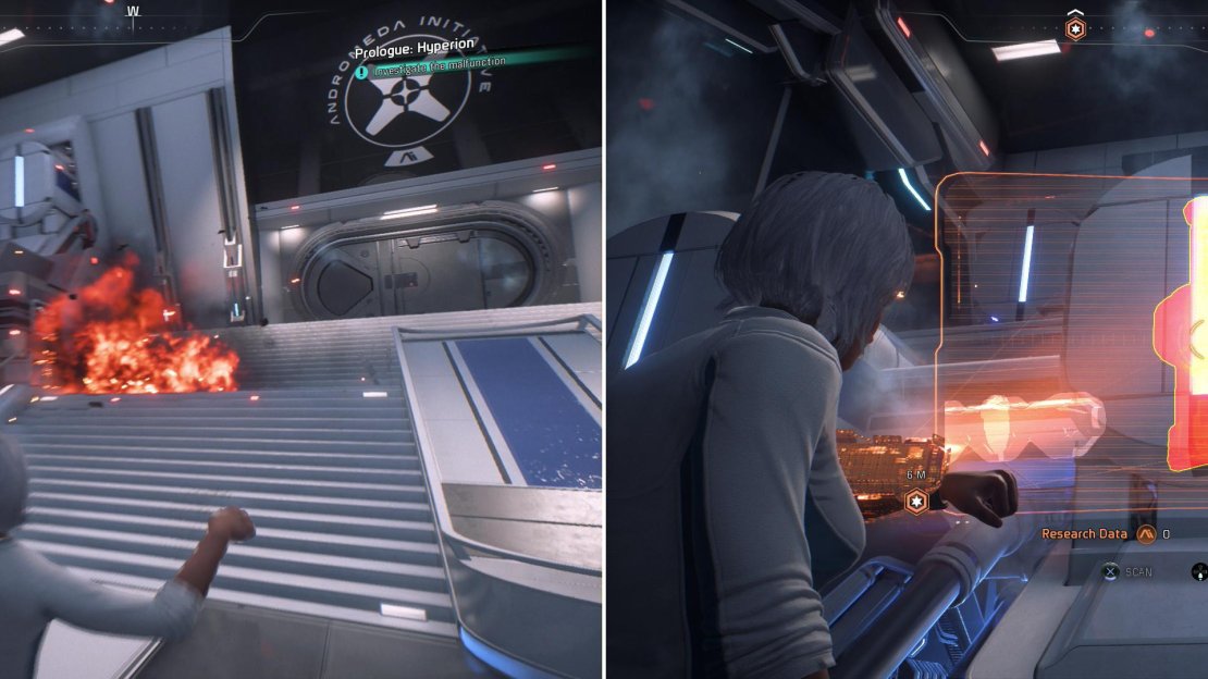 Immediately outside you’ll witness another malfunction (left). Use your scanner to isolate the problem (right), which will help you repair it - or at least mitigate the damage.