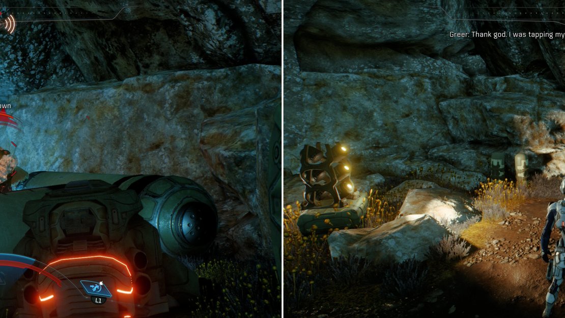 Kill the aliens hassling Greer (left) after which he’ll be understandably thankful for the rescue (right).