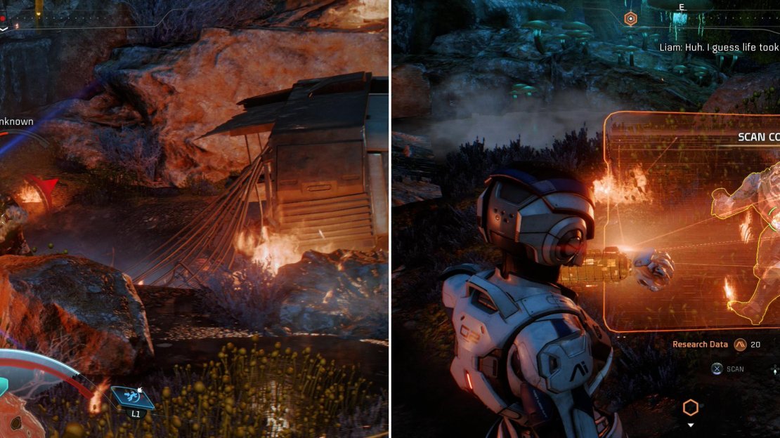 Engage the hostile aliens (left) then scan their corpses (right) for a massive amount of Heleus Research Data.