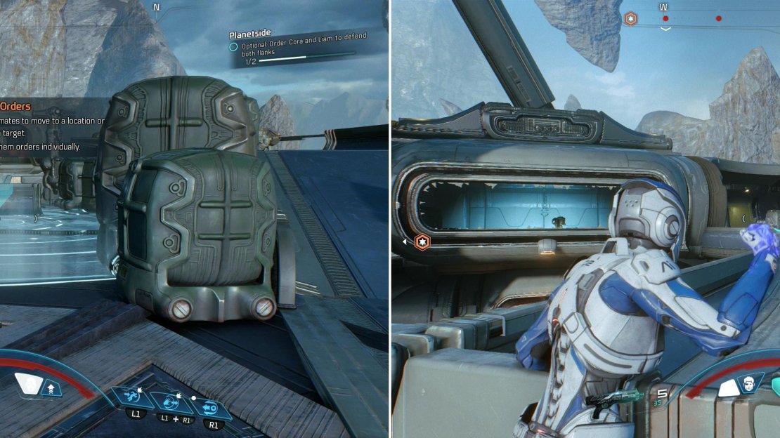 Assign your party members to strong defensive positions (left) then hold off the alien attack until your dad is done (right).