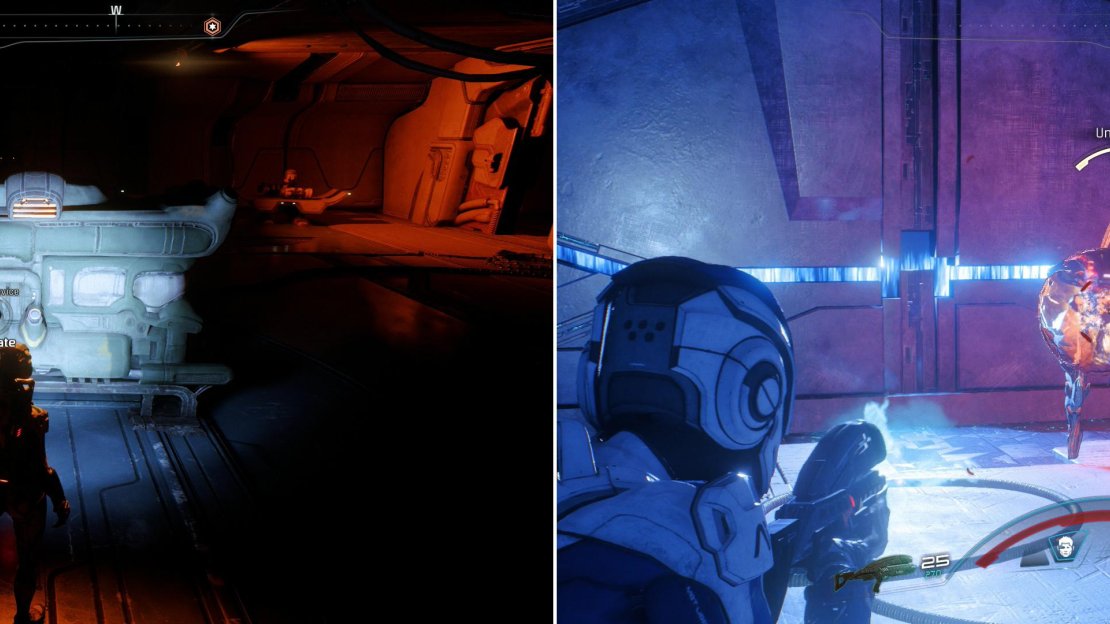 Interact with an alien device to get the power running again (left). Be wary, though, as not all alien technology is benign (right).