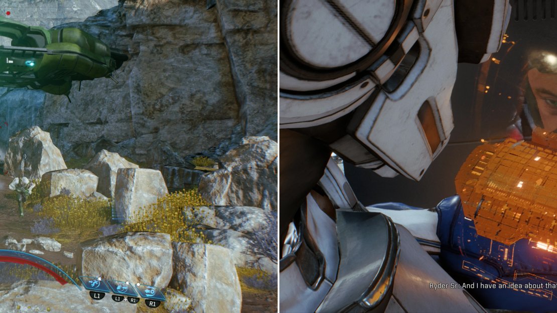 Dropships full of hostile aliens will complicate your rendezvous with Cora (left). After the hostilities die down you’ll get in contact with dad, who summons you to help further a scheme of his (right).