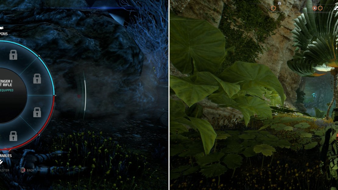 Search Kirkland’s body for an M-8 Avenger Assault Rifle (left). In a sheltered cave you’ll be able to catch a glimpse of Habitat 7 as it once was (right).