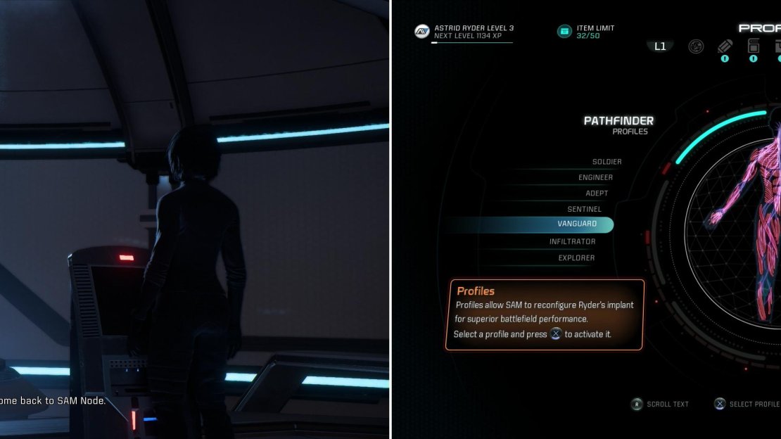 Visit the SAM Node and talk to SAM (left) who will introduce you to the profile system (right).