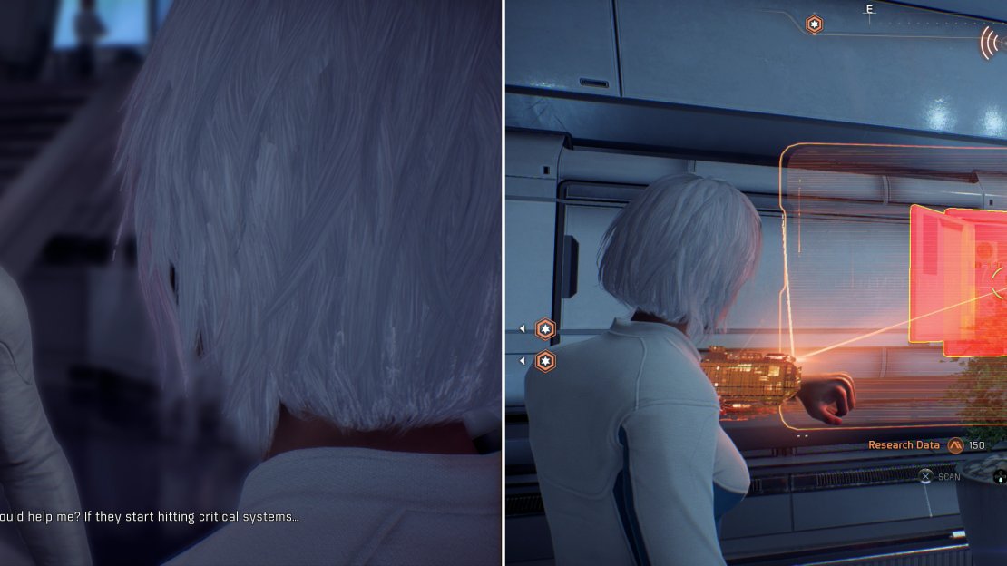 After a surprising explosion on the Nexus, talk to the engineer involved, who suspects sabotage! (left) Scan the suspicious panels (right) to confirm his suspicions.