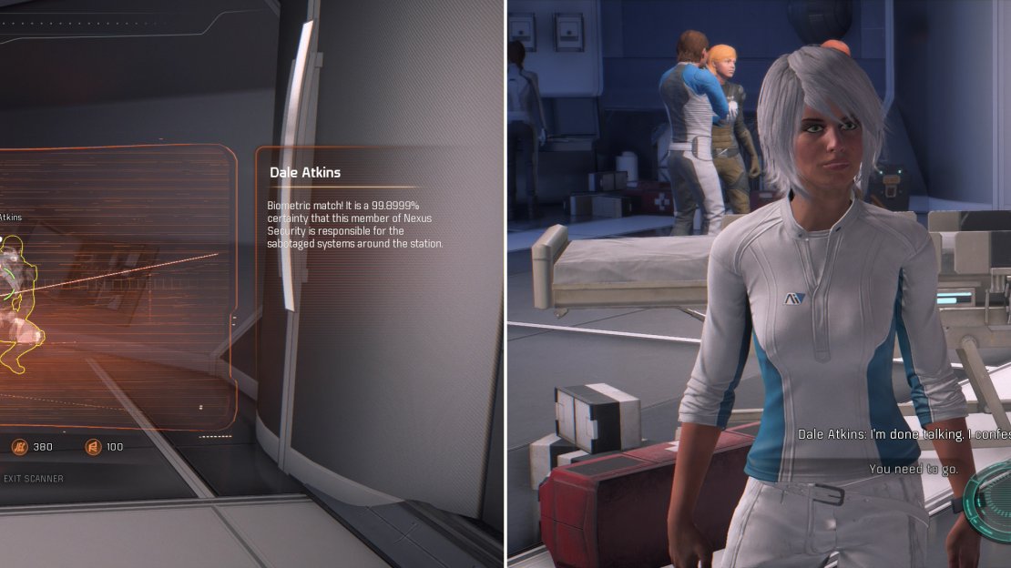 Scan various guards throughout the Nexus until you finger a suspect (left) then decide his fate (right).