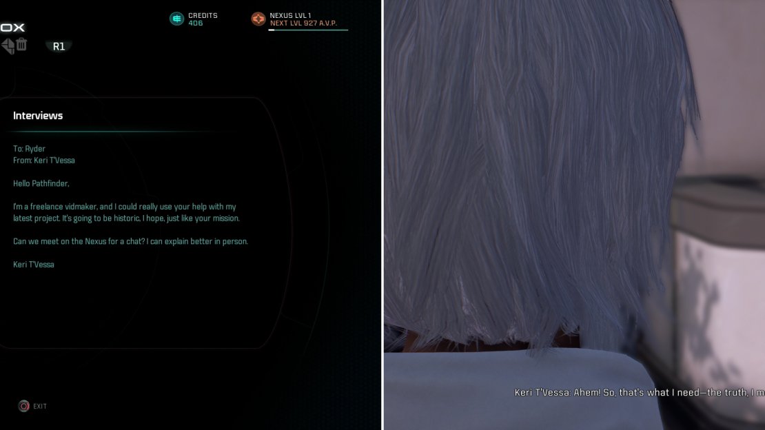 Check your Email aboard the Tempest to find a quest-starting message from one Keri T’Vessa (left). This long-running quest will involve periodically answering Keri’s questions… and perhaps a bit of flirting (right).
