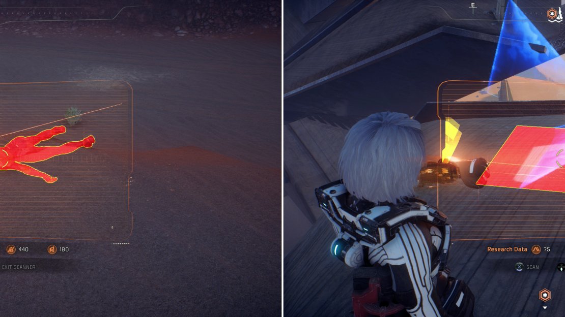 Scan a body of another colonist near the first monolith (left) then climb some Remnant pillars in search of glyphs to scan (right).