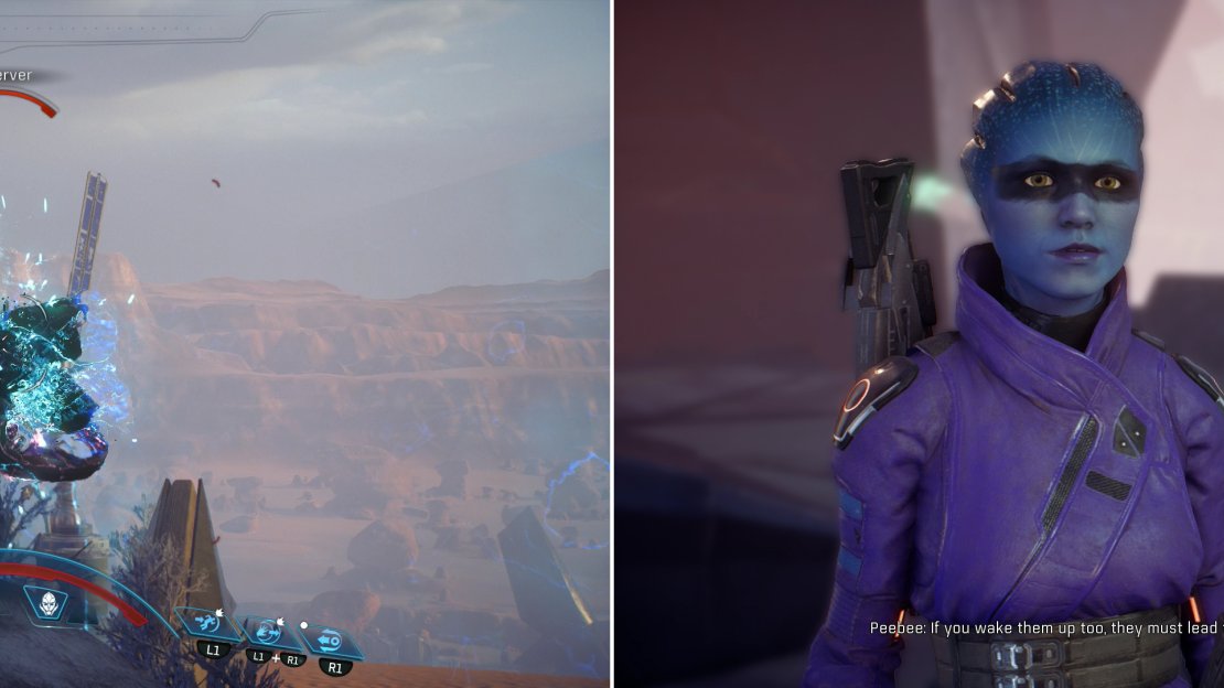 Dispatch the Remnant who contest your tampering with the Remnant monolith (left) after which continue chatting with Peebee to learn more baout these alien machines (right).