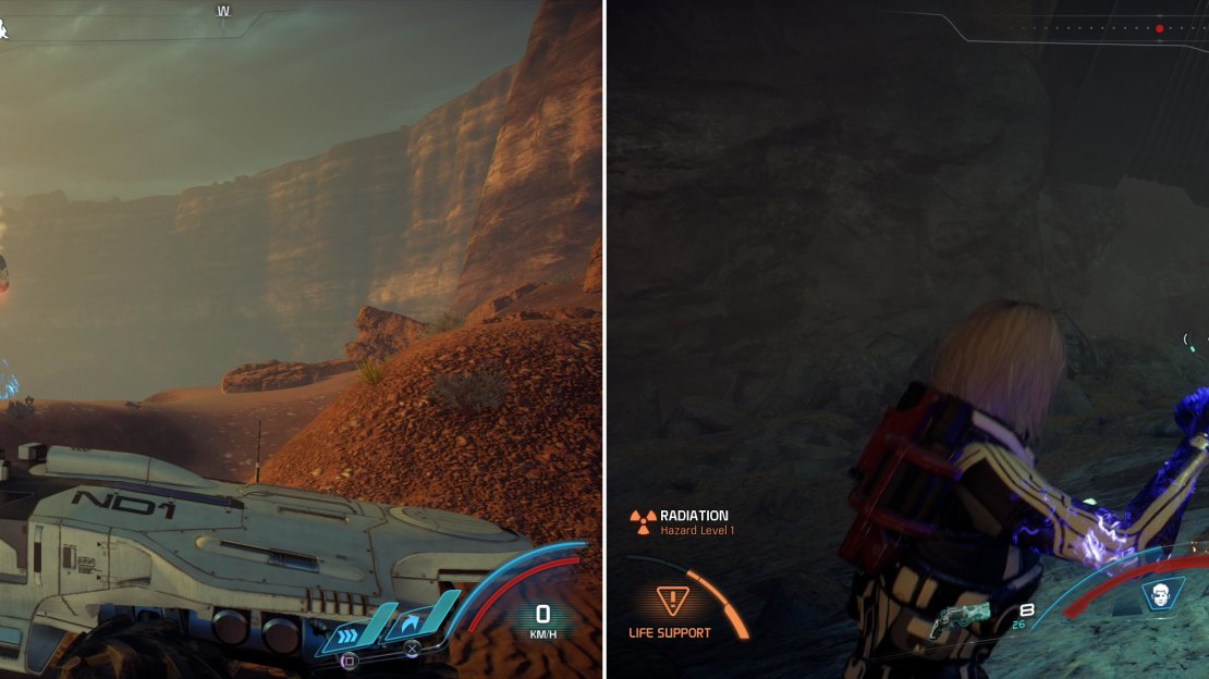 Near the second monolith you’ll find another Forward Station (left), near which is a cave filled with Kett (right).