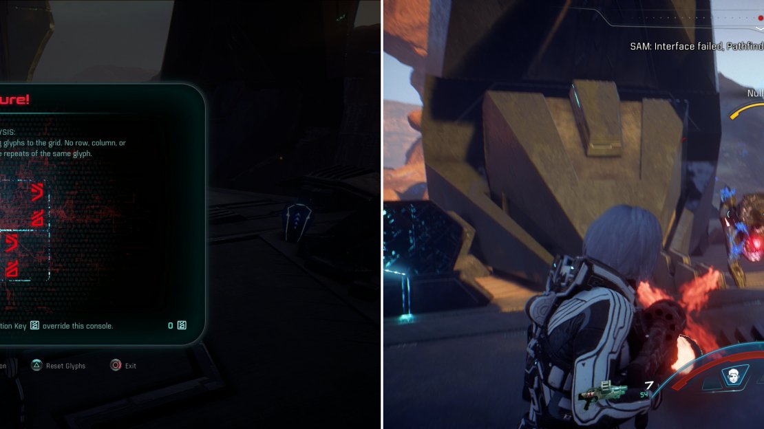 Entering the incorrect combination of glyphs (left) will spawn more Remnant for you to fight (right).
