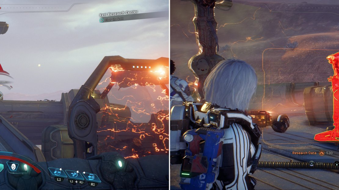 Fight your way through the numerous Kett occupying the base near the third monolith (left), afterwards be sure to scan their technology to earn a great deal of Heleus Research Data (right).