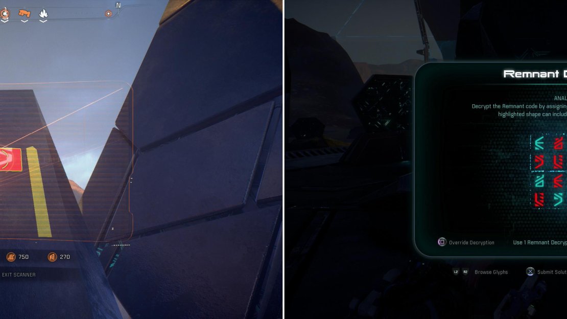 Follow conduits to track down and use Remnant Consoles to reach glyphs (left), then complete the Remnant puzzle to activate the second monolith (right).