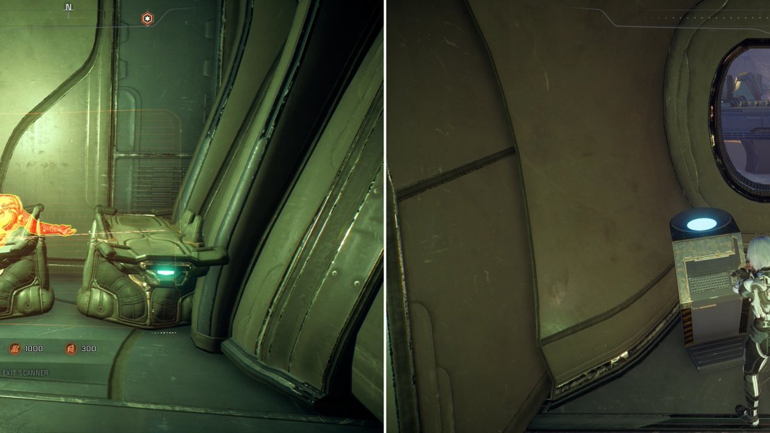 Inside the Kett base, scan the body of another colonist (left) and pick up a Component (right), which you’ll need to complete the quest “The Secret Project”.
