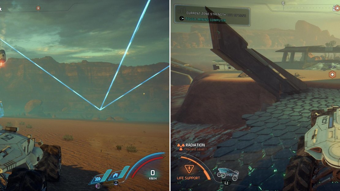 Deploy a Forward Station in The Golden Wastes below the Kett base (left) then drive to where the monoliths indicate the Remnant control center is (right).