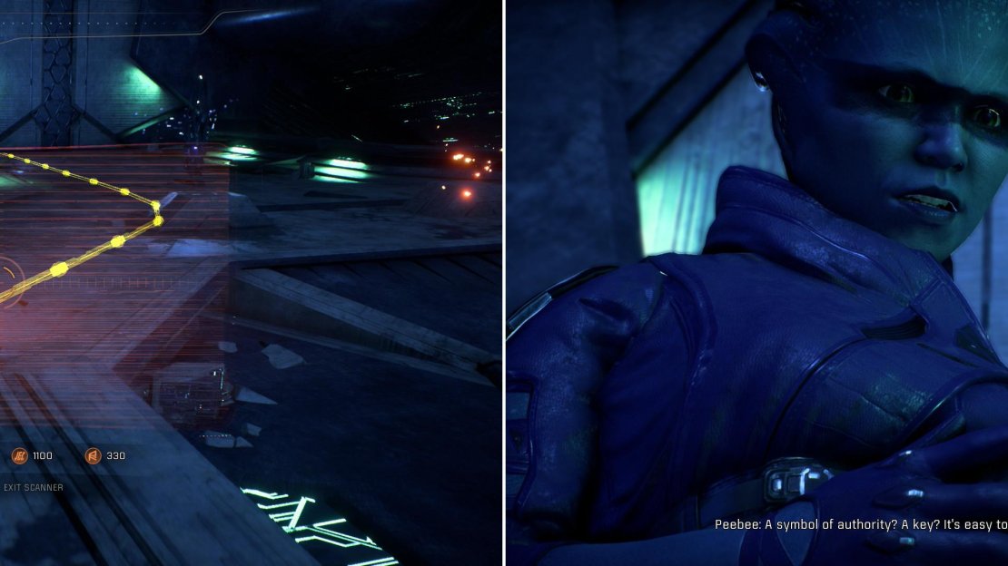 Throughout much of the vault a conduit will serve as a guide (left). Shortly into the vault Peebee will find a Remnant Data Core, the object of her long-running obsession and the quest “Remnant Data Cores” (right).