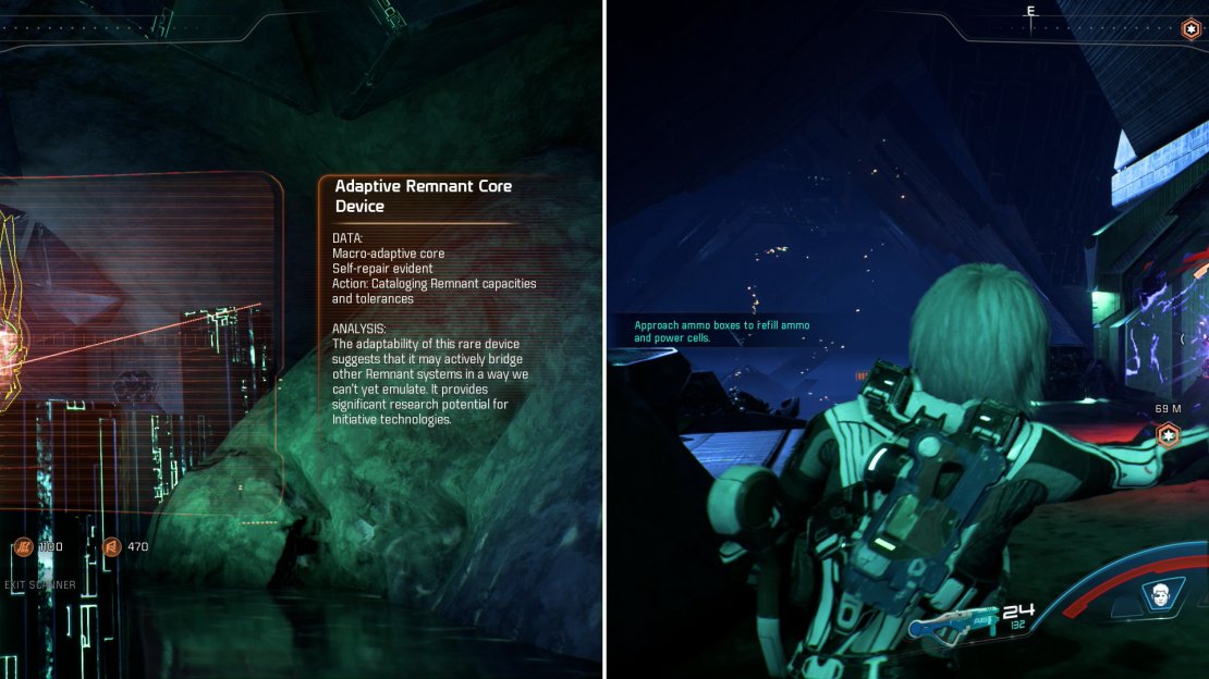 Be on the lookout for Remnant tech to scan (left) as some of it can provide quite a bit of Remnant Research Data. After platforming over the ferrofluid you’ll start to encounter Remnant resistance (right).